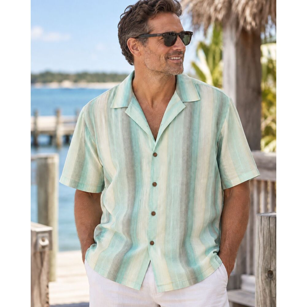 Caribbean Joe Silk Blend Shirt Mint Aqua Striped Men’s XL Short Sleeve